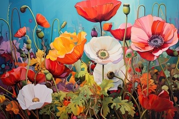 Original oil painting of poppies on canvas. Vector illustration, Postexpressionism style flowers, AI Generated