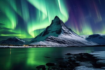 Aurora borealis in the night sky over the mountain peak, The tallest mountain in the world at night with the northern lights, AI Generated