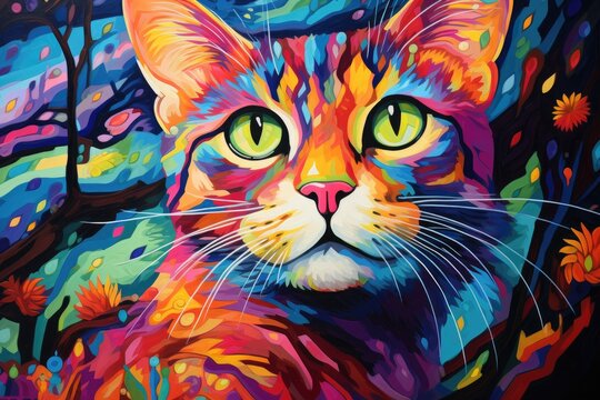 Colorful cat portrait on a background of the night landscape. Vector illustration, Postimpressionism cat, AI Generated