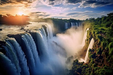 Iguazu Falls at sunset, border of Brazil and Argentina, The Iguazu Waterfalls in Brazil, AI Generated - obrazy, fototapety, plakaty