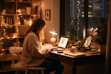 A warm and inviting scene of a women sitting in a cozy, well-lit home office, deeply engaged in writing their New Year's resolutions - obrazy, fototapety, plakaty