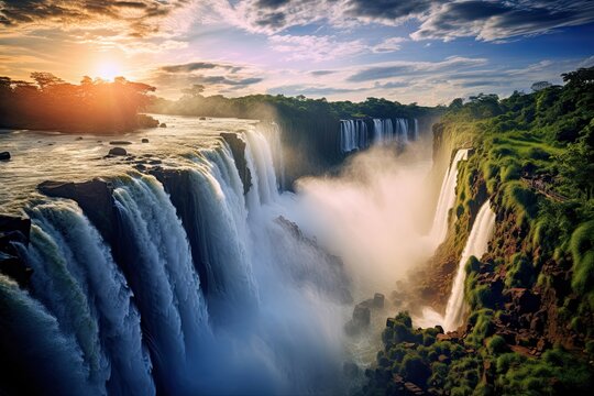 Iguazu Falls at sunset, border of Brazil and Argentina, The Iguazu Waterfalls in Brazil, AI Generated