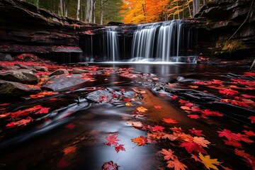 Autumn waterfalls and colorful leaves in the forest. Long exposure, The red maple leaves frame this beautiful waterfall in Algonquin Park at the peak of the fall colors. long exposure, AI Generated