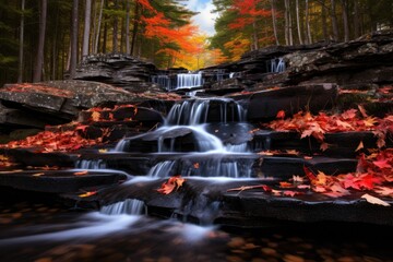 Waterfall in autumn forest. Waterfall in autumn forest. Waterfall in autumn forest, The red maple leaves frame this beautiful waterfall in Algonquin Park at the peak of the fall, AI Generated
