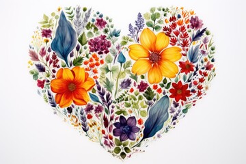 Colorful flowers in heart shape on white background, valentines day, The shape of a heart drawn with a multitude of leaves and colorful flowers on a white background, AI Generated