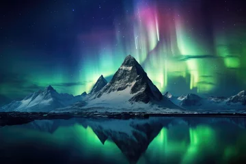 Foto auf Acrylglas Kirkjufell Aurora Borealis over Kirkjufell mountain, Iceland, The tallest mountain in the world at night with the northern lights, AI Generated