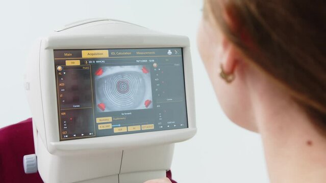 The doctor controls the optometrist's display using the scanned eye. diagnostic ophthalmological equipment. Concept of consultation and correction in an ophthalmology clinic.