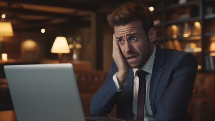 Businessman stressed and frustrated for computer news - obrazy, fototapety, plakaty