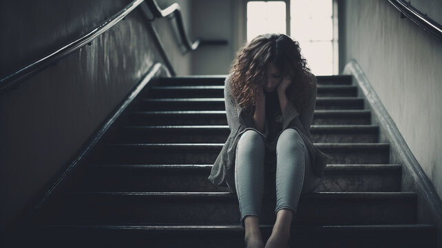 Depressed person sitting on stairs
