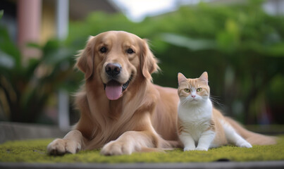 golden retriever dog and cat sit together in grass