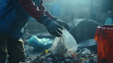 Garbage collectors hand working in the morning. - obrazy, fototapety, plakaty