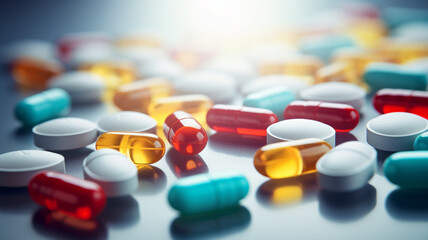 Pills tablets capsules or medicament laid on glass background