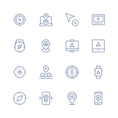 GPS line icon set on transparent background with editable stroke. Containing compass, cursor, navigator, placeholder, location, pin, phone, gps.