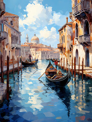 A Gondolas On A Canal In A City - Amazing Venice - artwork in painting style - obrazy, fototapety, plakaty