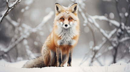 Naklejka na ściany i meble Red fox in the snow, winter wallpaper 
