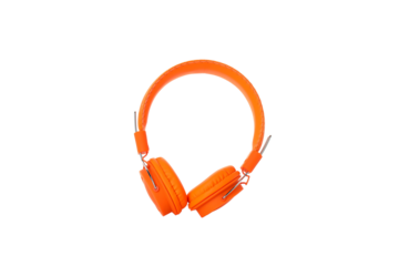 PNG, orange, on-ear headphones isolated on white background.