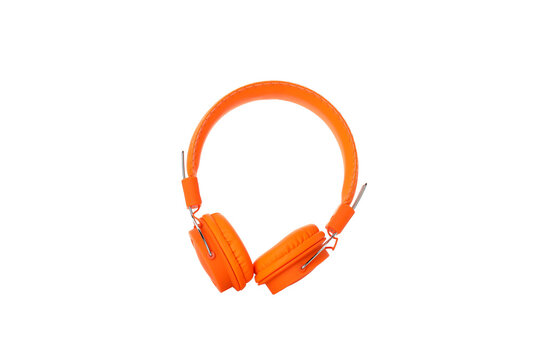 PNG, orange, on-ear headphones isolated on white background.