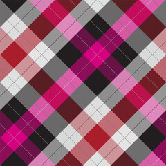 Diagonal Gingham Retro Plaid Seamless Pattern in Black, Red,Pink with Herringbone
