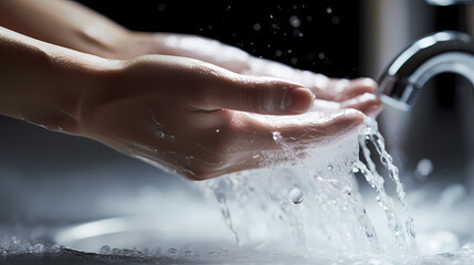 Hand washing poster web page PPT background, a person stands in front of the sink, stretches out his hands and puts them under the faucet - obrazy, fototapety, plakaty