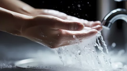 Foto op Plexiglas Hand washing poster web page PPT background, a person stands in front of the sink, stretches out his hands and puts them under the faucet © Derby