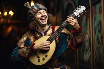 Bard Plays his Lute, Minstrel Song, Troubadour Music, Medieval Singer, Cosplayer Dressed as Jester - obrazy, fototapety, plakaty
