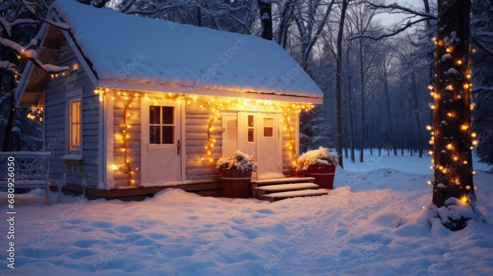 Canvas Prints a house with lights on it in the snow