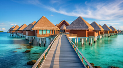 tropical water home villas on Maldives island at summer vacation.  - obrazy, fototapety, plakaty