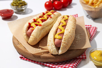 Hot dogs on board, sauces in bowls, french fries and tomatoes on white background, close up