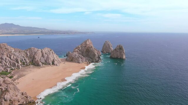 Mexico, Cabo San Lucas: Aerial view of famous resort city on southern tip of Baja California peninsula, Lovers Beach (Playa de los Amantes) - landscape panorama of Latin America from above