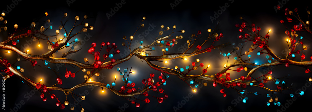 Poster tree branches adorned with colorful lights and red berries, creating a festive and warm atmosphere a