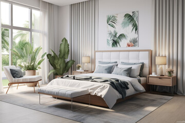 A bedroom with Scandinavian influences, featuring a king-sized bed with a white upholstered headboard, geometric wallpaper, a cozy reading nook with a plush armchair, minimalist artwork, and plants