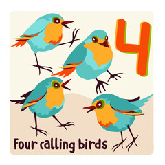 Four calling birds. Twelve days of Christmas. Vector illustration.