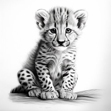 Pencil sketch cute baby cheetah animal drawing image Generative AI
