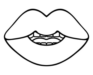 A smile on the lips. Sketch. The mouth is half open, teeth and tongue are visible. Vector illustration. Coloring book for children. Doodle style. Outline on isolated background. Idea for web design