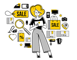 Online shopping and discount vector outline illustration, virtual store worker managing goods or customer have a big choice and enjoying cheap prices, adviser consultant.