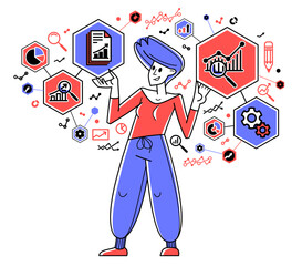 Worker analyzes some data and systematizing information, vector outline illustration, abstract big data analysis, automation