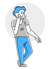 Young person with mobile cell phone doing some online job or chatting in messenger or social media vector outline illustration.