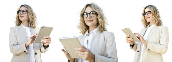 A successful female manager is smiling using a tablet running an online startup financier. A...