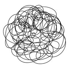 A ball of tangled scribble. A fantasy of curls. Sketch. Vector illustration. A hand-drawn object made from scratched, swirling lines. Outline on isolated background. Idea for web design.