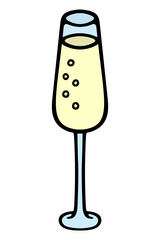 A glass of champagne. Golden fizzy drink. Color vector illustration. Blue crystal container with sparkling wine. Cartoon style. Isolated background. Idea for web design.