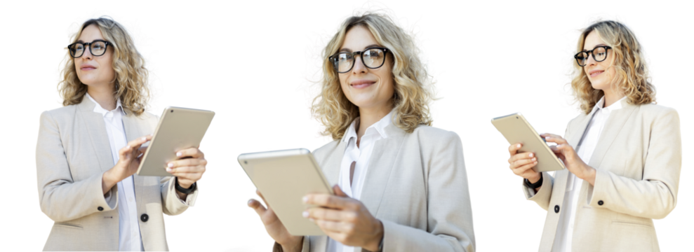 A successful female manager is smiling using a tablet running an online startup financier. A businesswoman in the office is wearing a jacket and holding a computer . Isolated background.