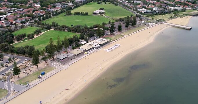 Aerial drone video of Elwood Beach and Port Phillip Bay foreshore in Melbourne, Australia