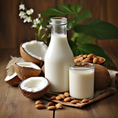 home maid milk plant based with wooden background