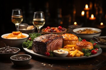 Gourmet dinner roast beef traditional british meal set on old wooden table with glasses of wine.