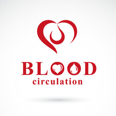 Vector red heart with blood circulation inscription. Blood transfusion metaphor, medical care emblem for use in pharmacy.