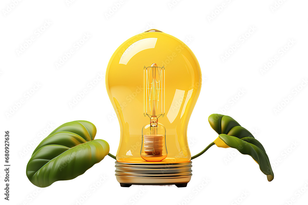 Poster light bulb with leaves isolated on a transparent background. generative ai