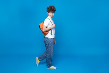 Fototapeta na wymiar Curly teenager with a briefcase, on a blue background.