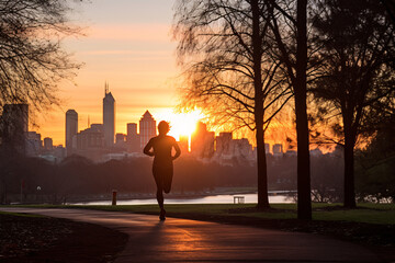 Fototapeta premium A dynamic, early morning scene featuring a determined jogger, embarking on a New Year's fitness resolution. The setting is a tranquil city park just before sunrise, with the city sk
