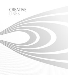 Lines in perspective vector abstract background in light grey and white monochrome, 3D dimensional stripes with smooth gradient and wavy motion.