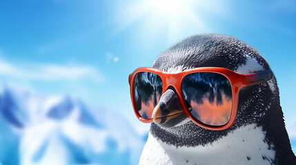 Penguin wearing sunglasses in Antarctica - obrazy, fototapety, plakaty